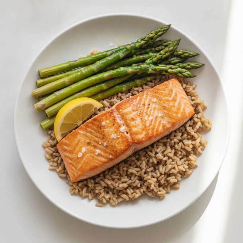 Seared Salmon with Steamed Asparagus and Brown Rice