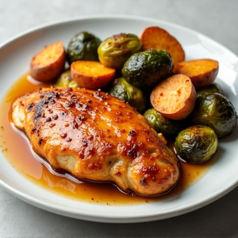 Maple-Glazed Chicken with Roasted Sweet Potatoes and Crispy Brussels Sprouts