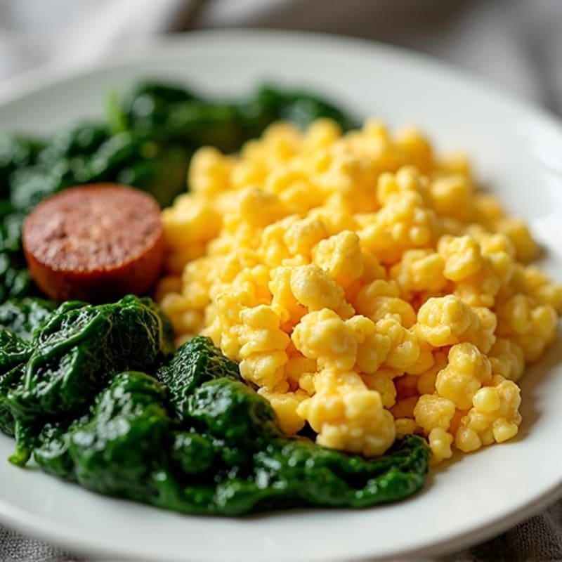 Scrambled Eggs with Sautéed Spinach and Turkey Sausage