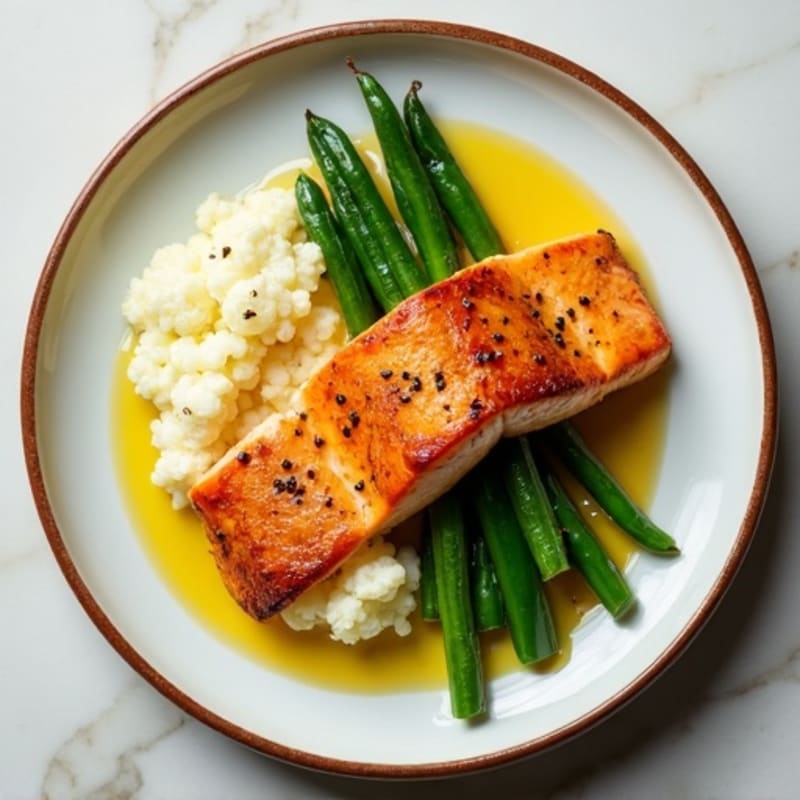 Seared Salmon with Garlic Green Beans and Cauliflower Mash