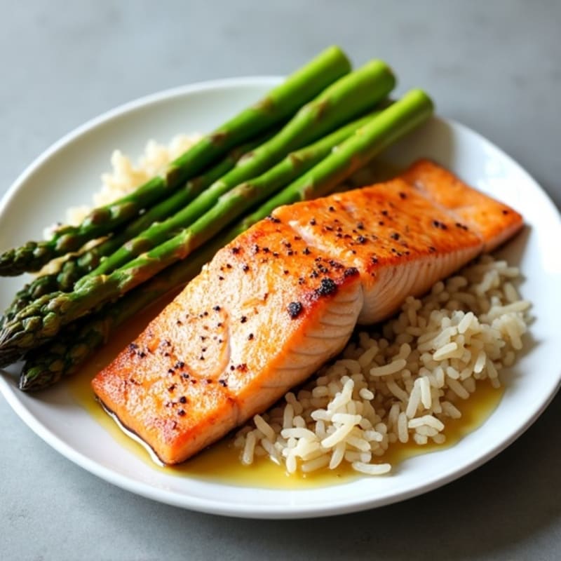 Seared Salmon with Steamed Asparagus and Brown Rice