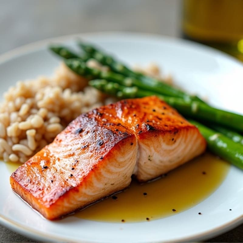 Seared Salmon Fillet with Steamed Asparagus and Brown Rice