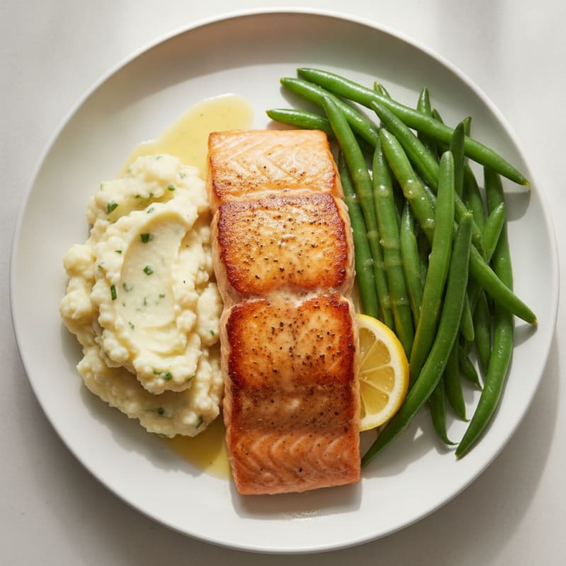 Seared Salmon with Steamed Green Beans and Garlic Mashed Cauliflower