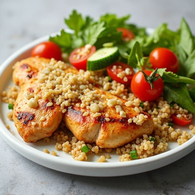 Grilled Chicken Breast with Crunchy Quinoa Salad and Lemon Tahini Dressing