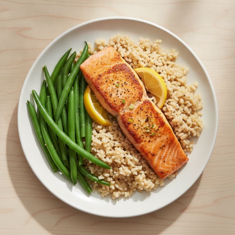 Seared Salmon with Steamed Green Beans and Brown Rice