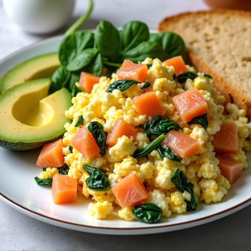 Smoked Salmon Scramble with Cottage Cheese and Spinach
