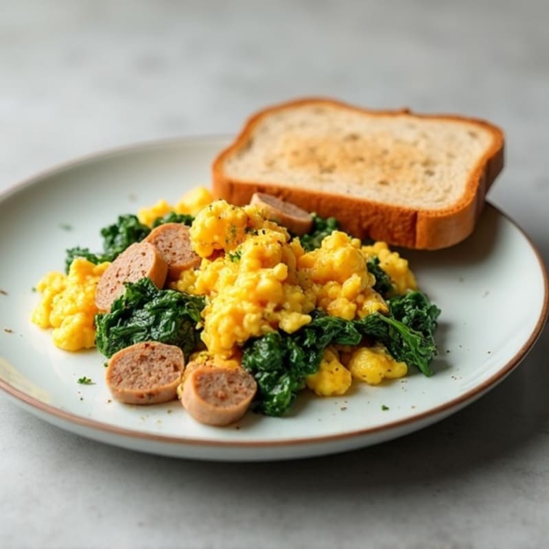 Egg White Scramble with Turkey Sausage, Sautéed Spinach & Whole Grain Toast