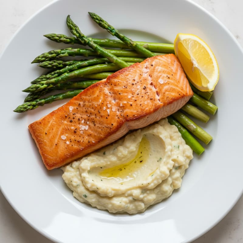 Seared Salmon with Steamed Asparagus and Cauliflower Mash