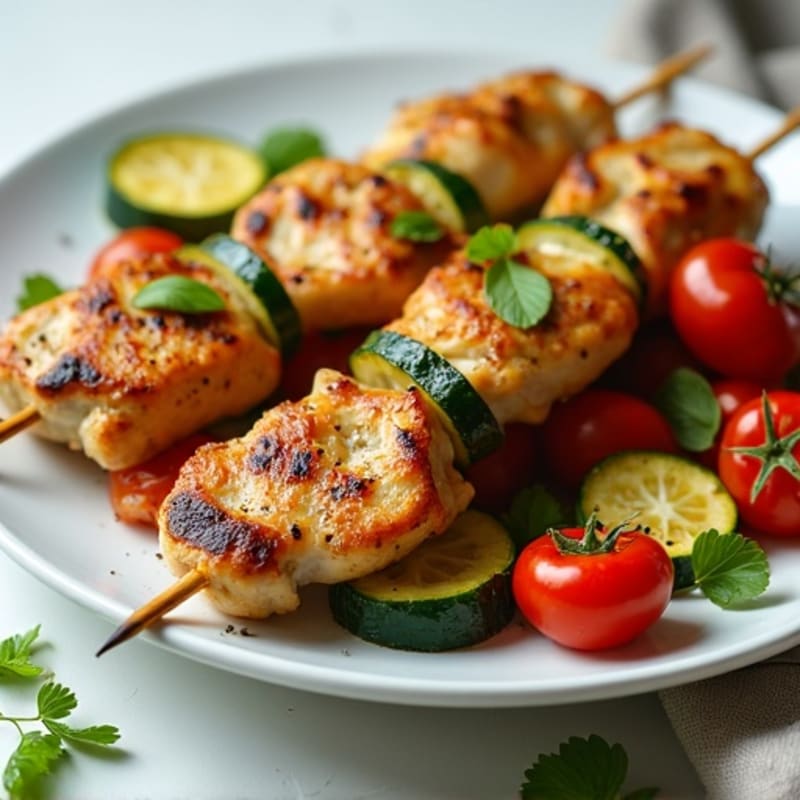 Grilled Chicken Skewers with Roasted Zucchini and Tomato