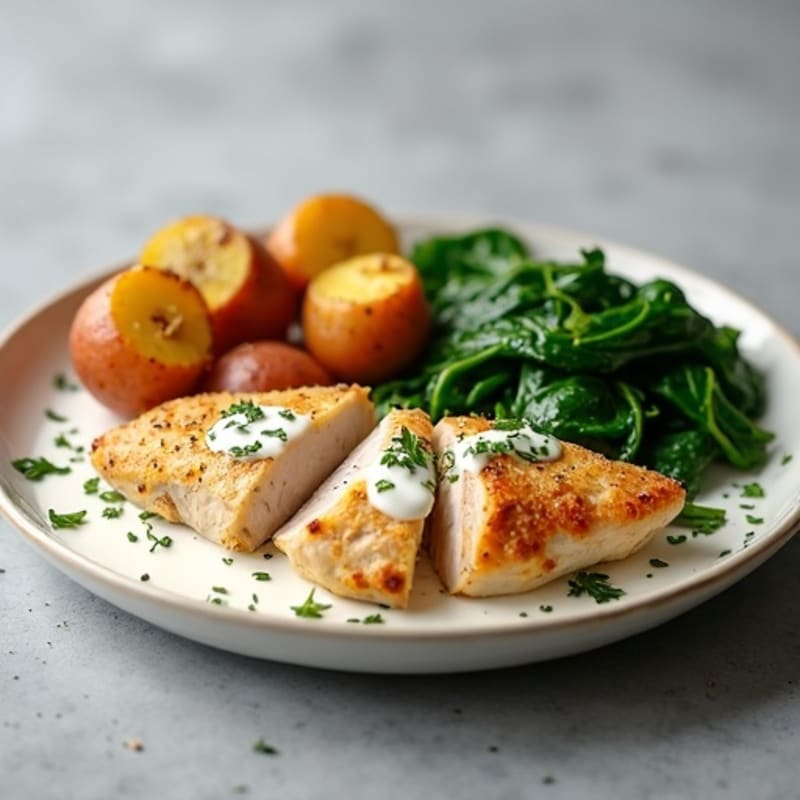 Creamy Herb-Roasted Chicken with Crispy Lemon Potatoes and Sautéed Spinach