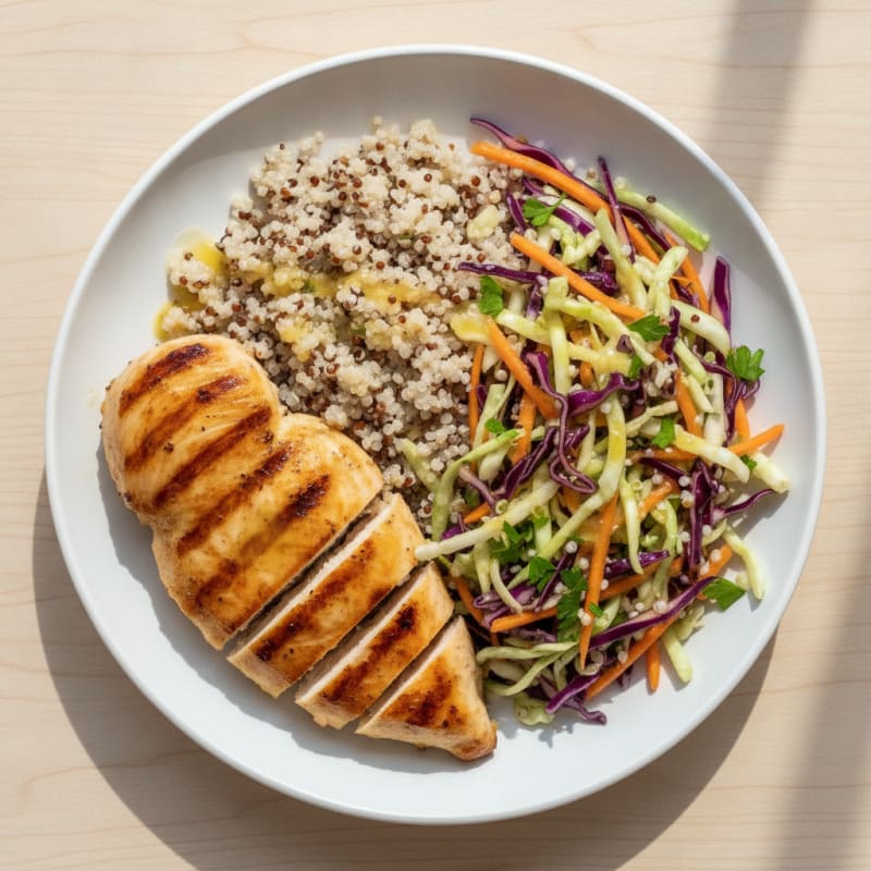 Grilled Chicken Breast with Crunchy Cabbage Slaw and Quinoa