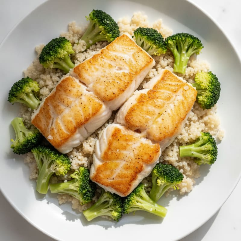 Seared Cod with Steamed Broccoli and Quinoa