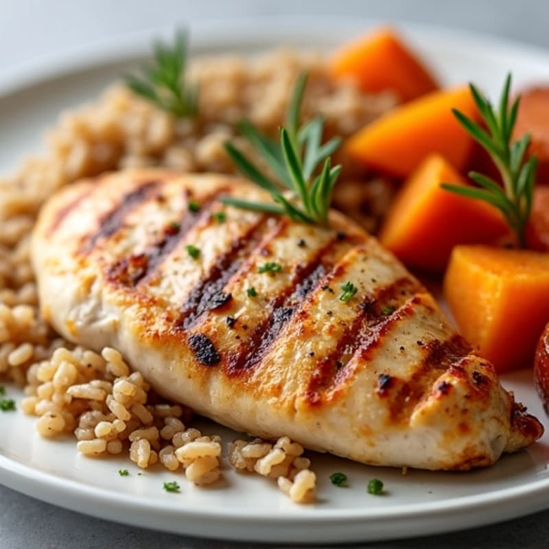 Grilled Chicken Breast with Brown Rice and Roasted Sweet Potatoes