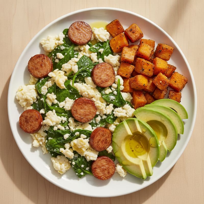 Egg White and Spinach Scramble with Turkey Sausage