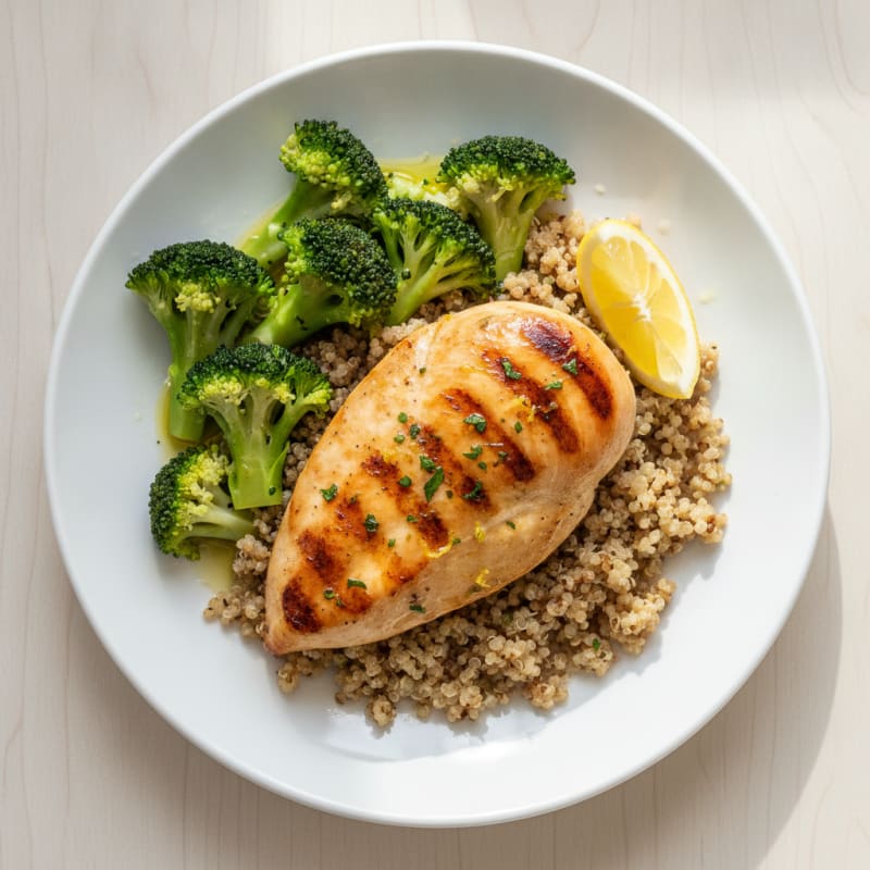 Grilled Chicken Breast with Steamed Broccoli and Quinoa