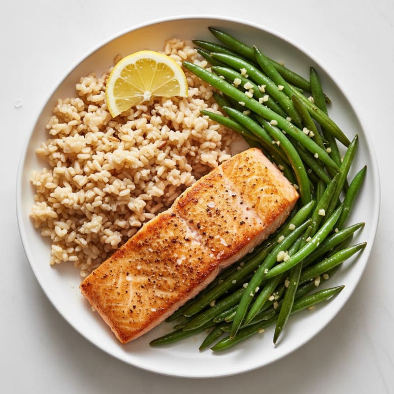 Seared Salmon with Garlic Green Beans and Brown Rice