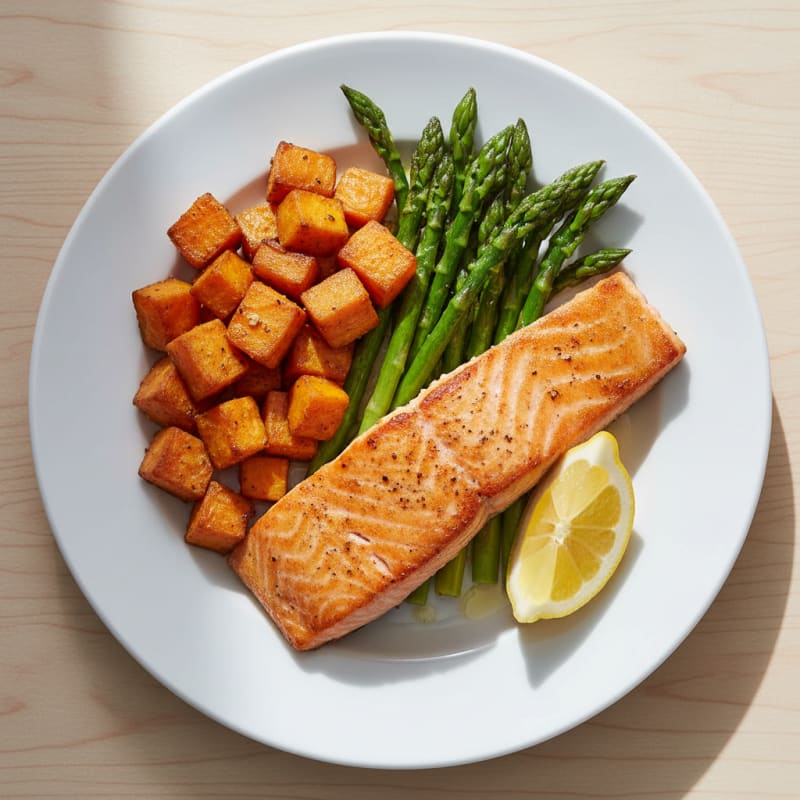 Seared Salmon Fillet with Roasted Sweet Potato and Asparagus