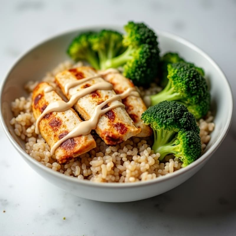 Grilled Chicken and Broccoli Rice Bowl with Light Mayonnaise Drizzle