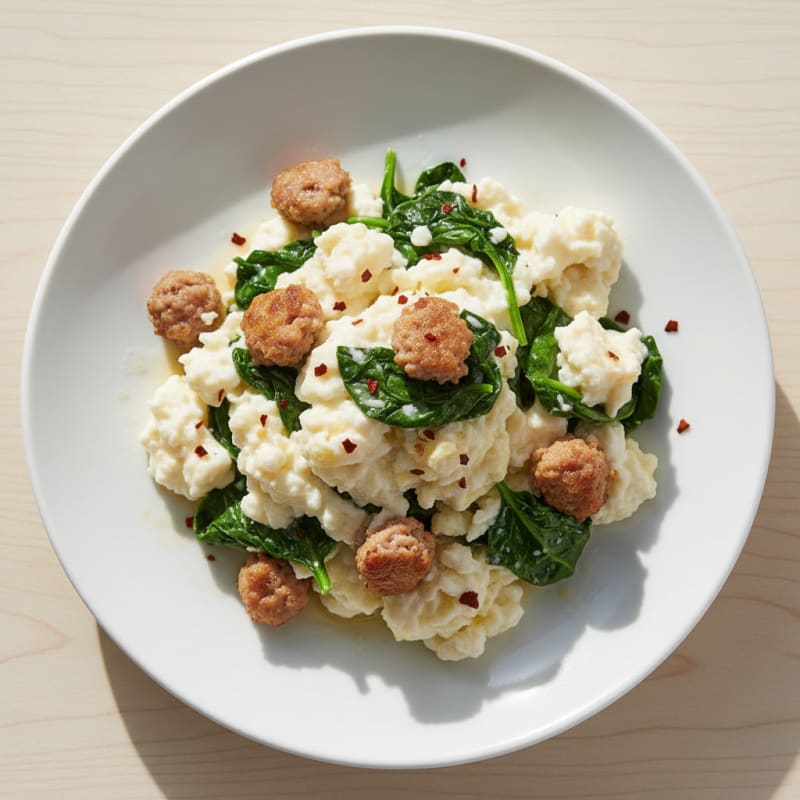Egg White Scramble with Turkey Sausage and Sautéed Spinach