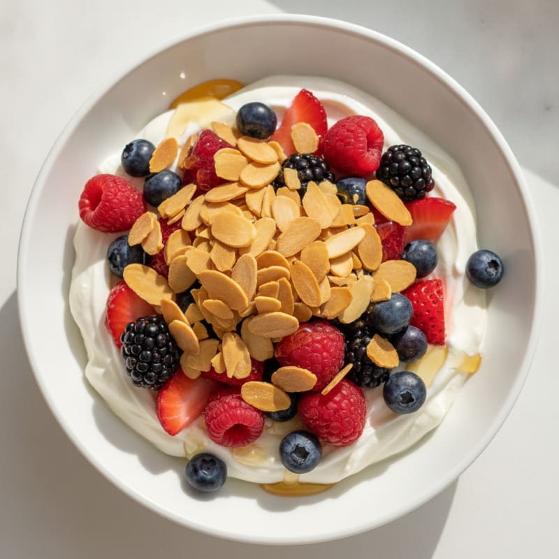 Greek Yogurt Protein Parfait with Mixed Berries and Almonds