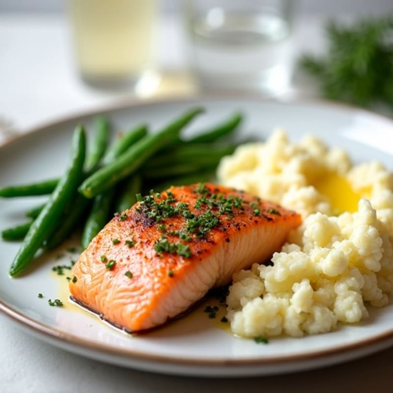 Seared Salmon with Garlic Green Beans and Mashed Cauliflower