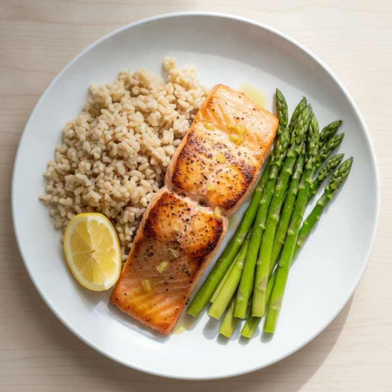 Seared Salmon with Steamed Asparagus and Brown Rice