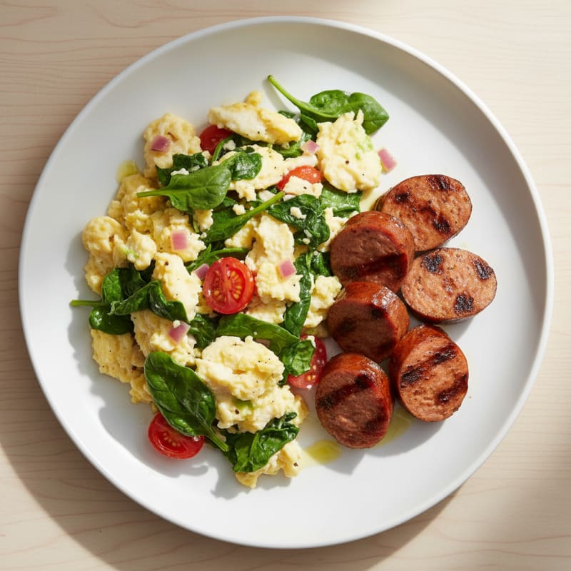 Egg White Spinach Scramble with Grilled Turkey Sausage