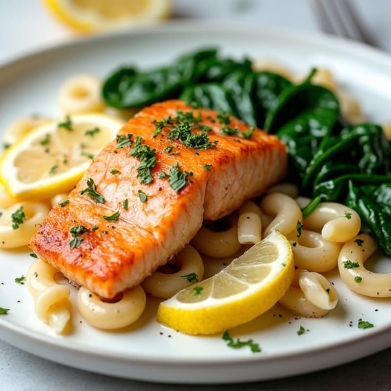 Pan-Seared Salmon with Creamy Lemon-Garlic Pasta and Wilted Spinach