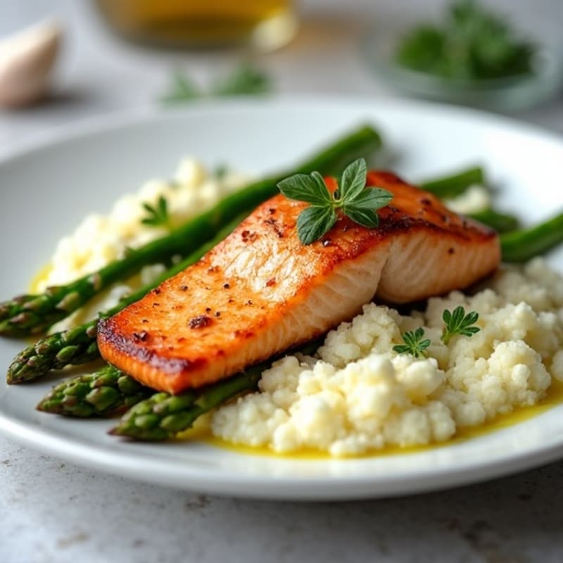 Seared Salmon with Steamed Asparagus and Garlic Mashed Cauliflower