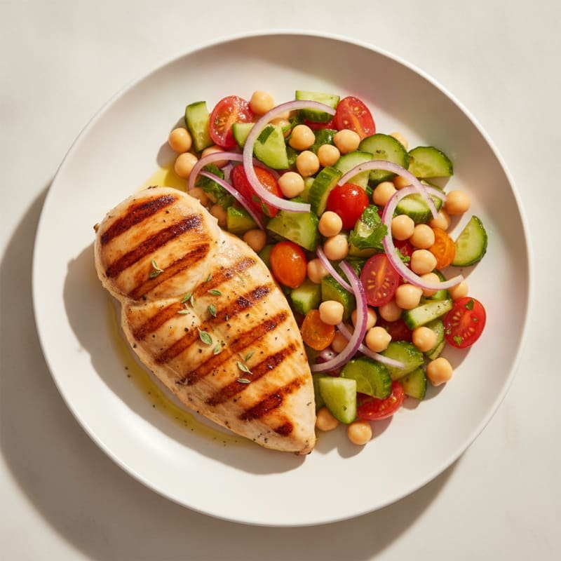 Grilled Chicken Breast with Cucumber Chickpea Salad