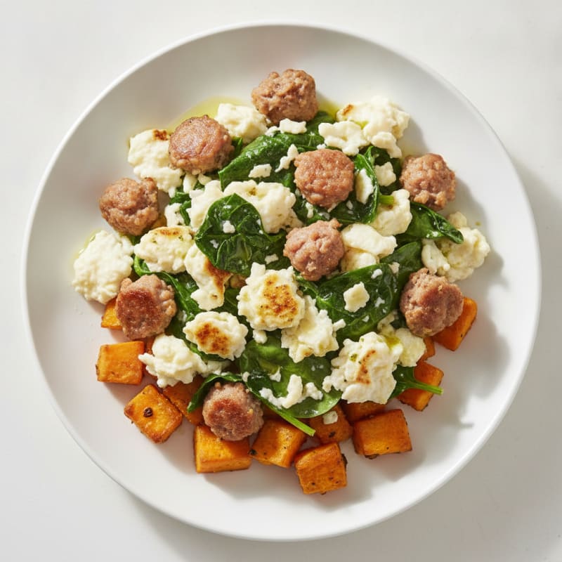 Egg White and Turkey Sausage Scramble with Spinach and Roasted Sweet Potato