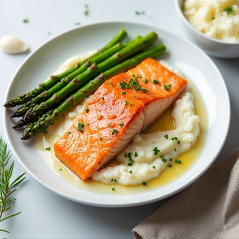 Seared Salmon with Steamed Asparagus and Garlic Cauliflower Mash