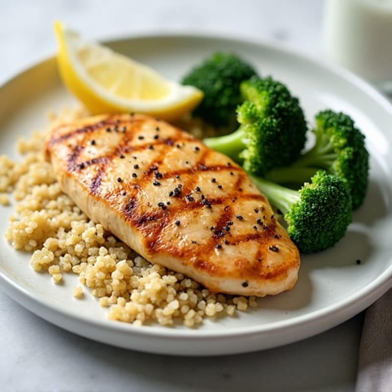 Grilled Lemon Chicken Breast with Quinoa and Steamed Broccoli