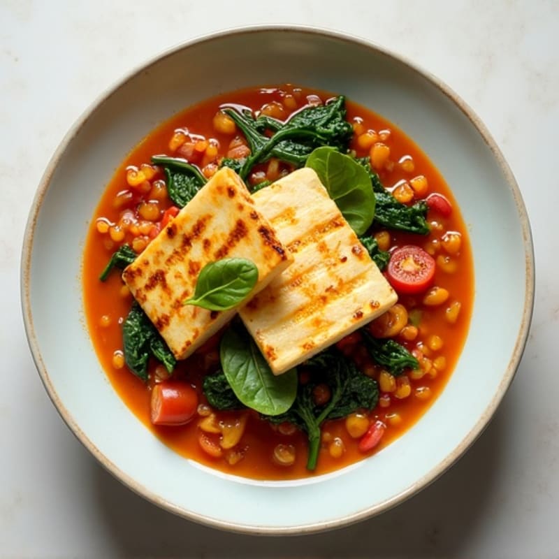 Creamy Lentil and Spinach Stew with Grilled Halloumi
