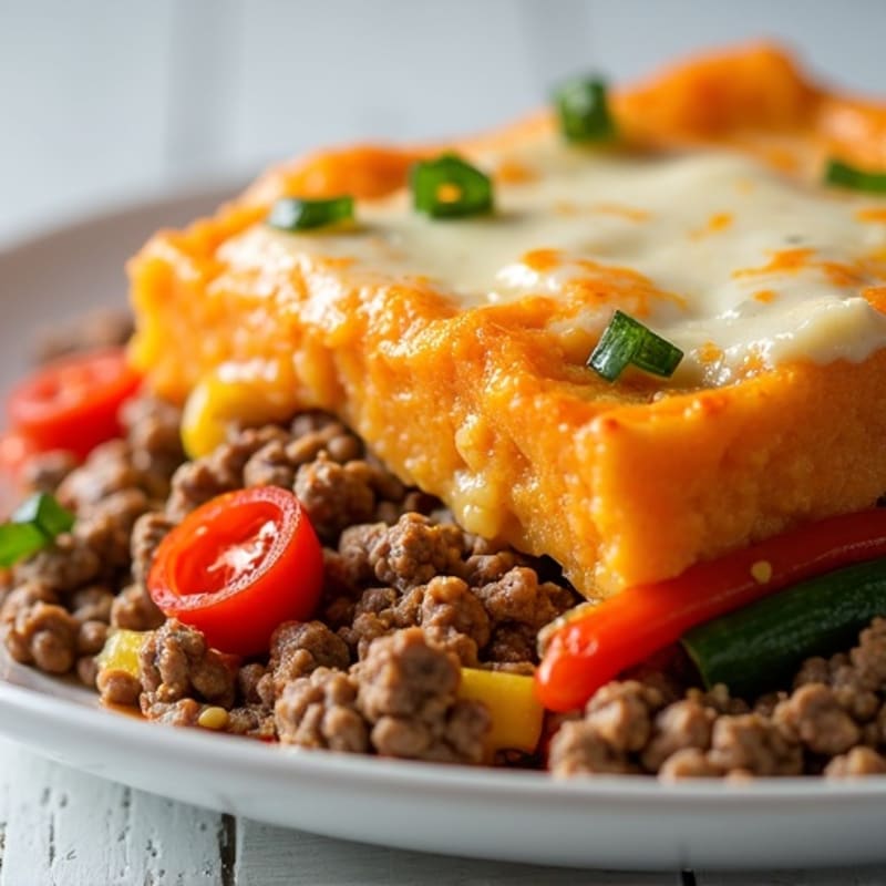 Hearty Lean Ground Beef and Vegetable Bake with Fluffy Sweet Potato Topping