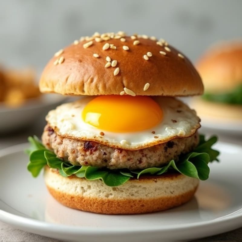 Lean Turkey Breakfast Burger with Sunny-Side Egg and Fresh Spinach