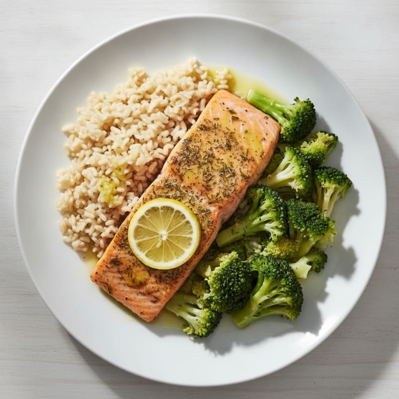 Herb-Roasted Salmon with Steamed Broccoli and Brown Rice