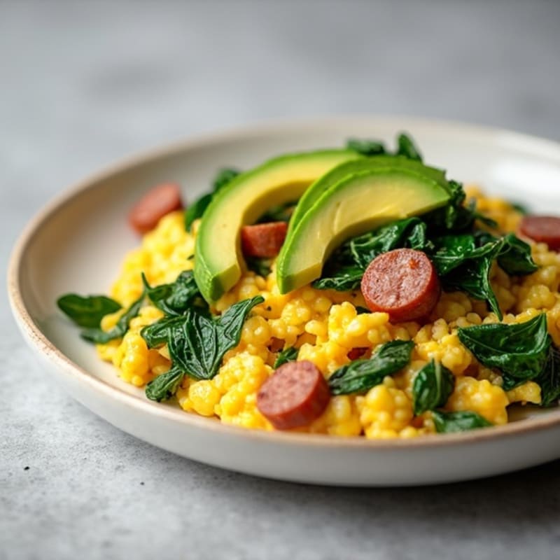 Egg White and Turkey Sausage Scramble with Sautéed Spinach