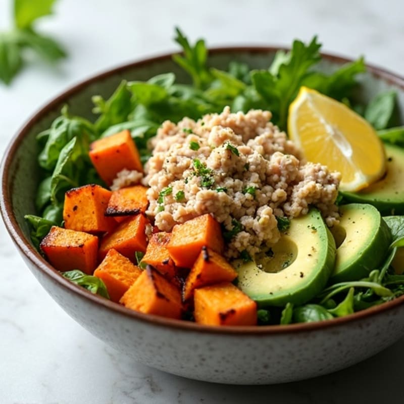 Flaked Tuna Power Bowl with Roasted Sweet Potatoes and Fresh Greens