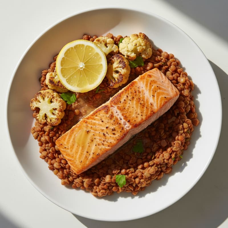 Seared Salmon with Roasted Cauliflower and Lentil Mash