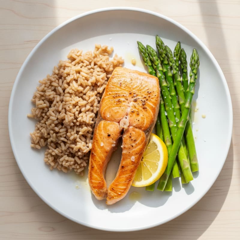 Seared Salmon Fillet with Steamed Asparagus and Brown Rice