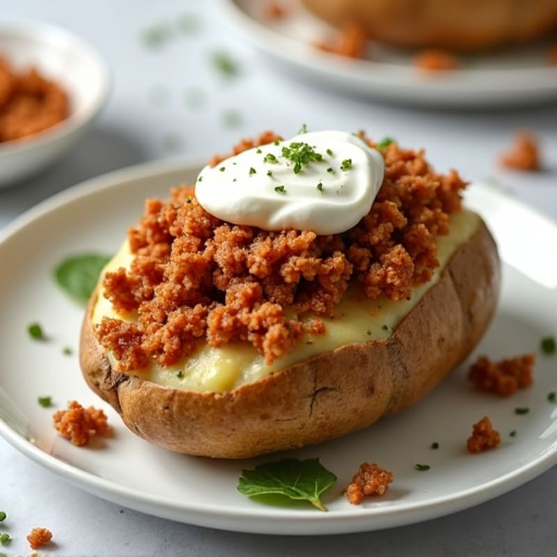 Baked Potato with Seasoned Ground Turkey and Creamy Cottage Cheese Topping