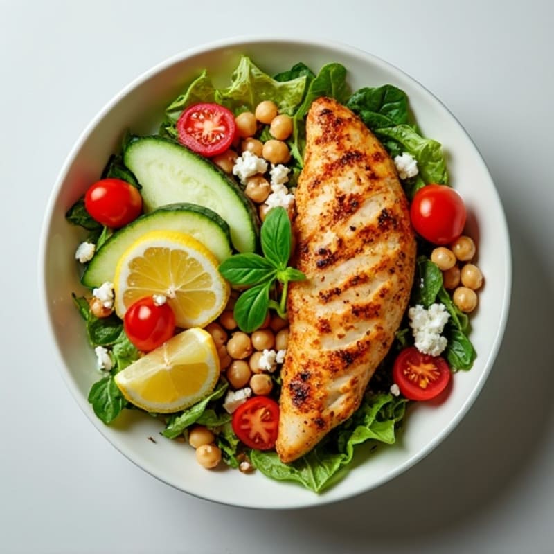 Lemon-Herb Chicken Salad Bowl with Crispy Chickpeas and Feta