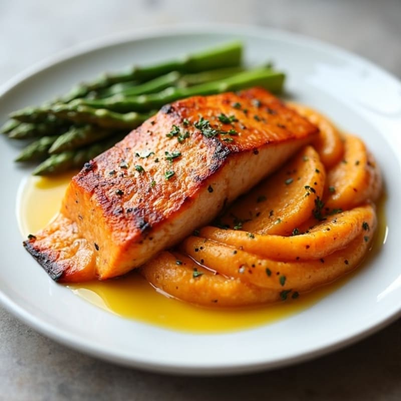 Seared Salmon Fillet with Roasted Asparagus and Sweet Potato Mash
