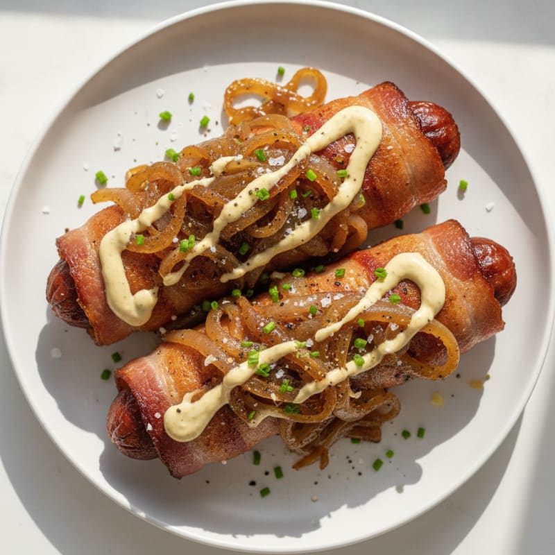 Bacon-Wrapped Hot Dogs with Caramelized Onions