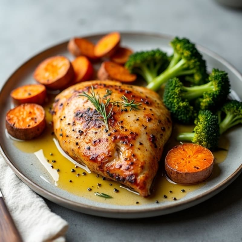 Sheet Pan Roasted Chicken and Crispy Broccoli with Sweet Potatoes