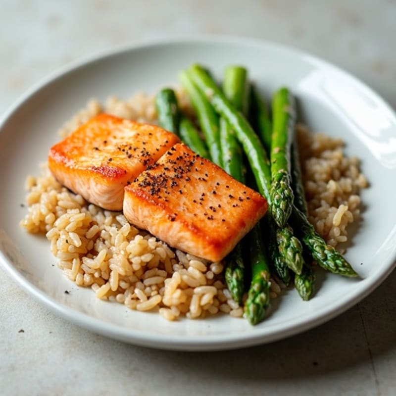 Seared Salmon with Steamed Asparagus and Brown Rice