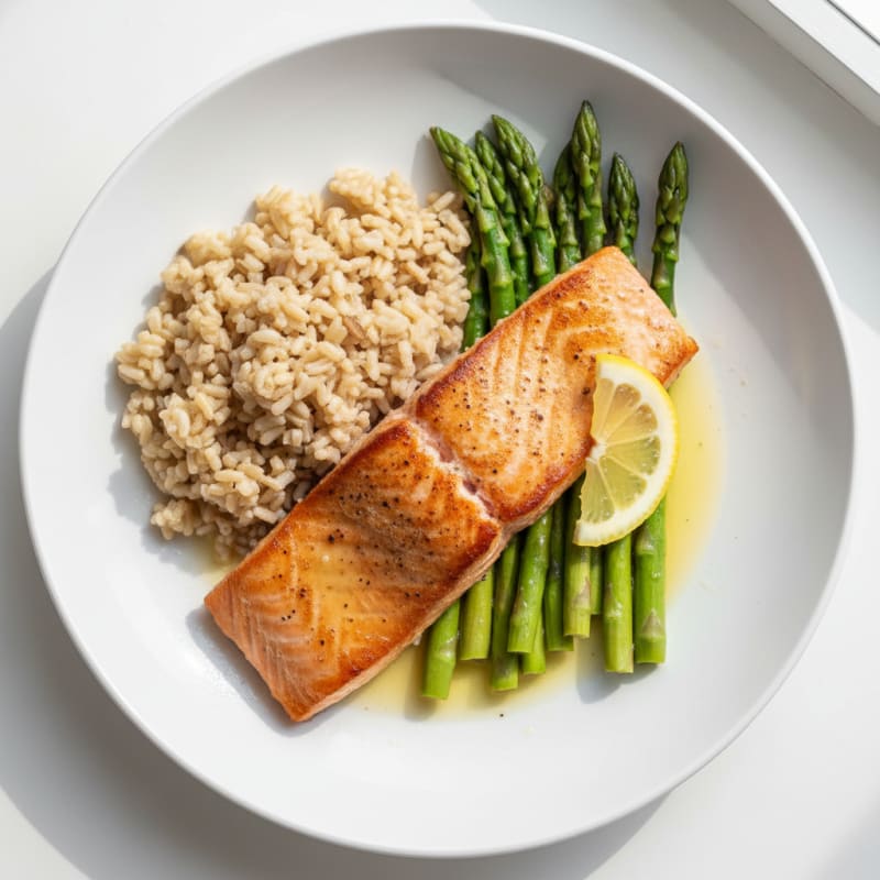 Seared Salmon with Steamed Asparagus and Brown Rice