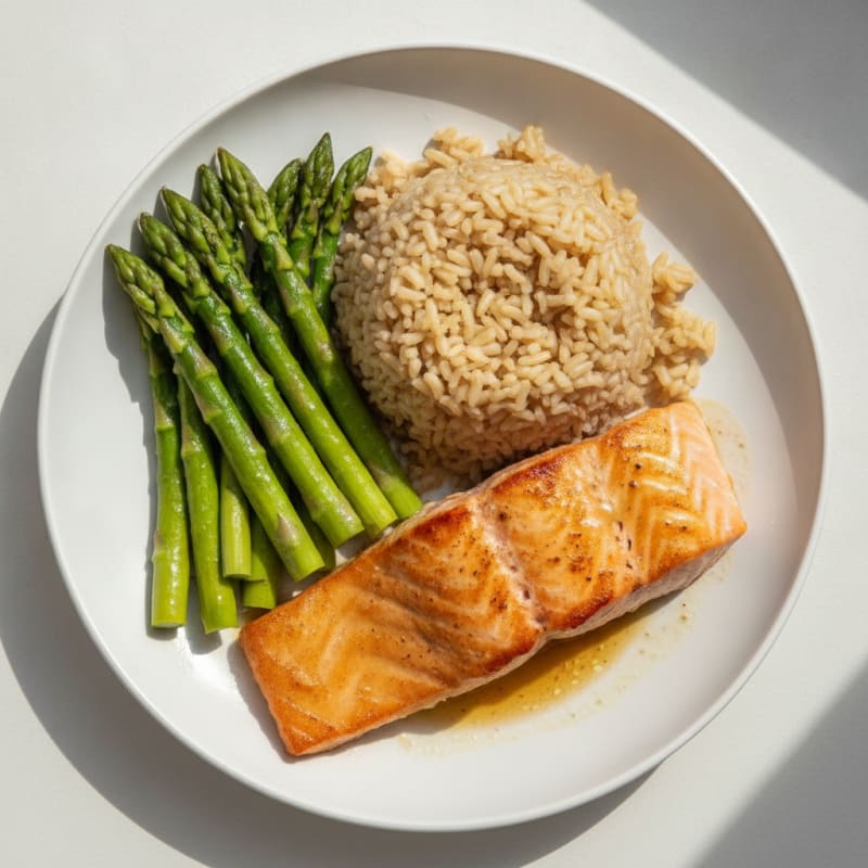 Seared Salmon with Steamed Asparagus and Brown Rice