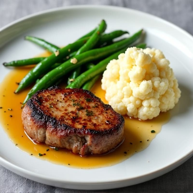 Seared Sirloin Steak with Garlic Green Beans and Mashed Cauliflower